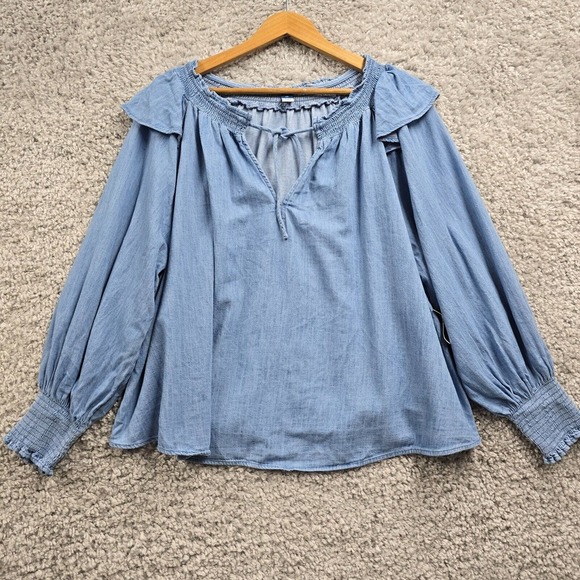 Old Navy Shirt Womens 2X Blue Long Sleeve Denim Cotton Cowgirl Boho‎ Peasant - Picture 1 of 12